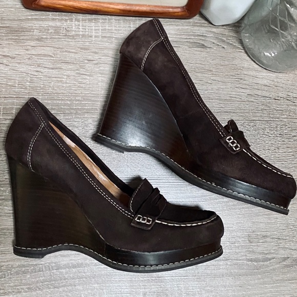 Marc Fisher Brown Suede Penny Loafer Wedge Heels - Picture 3 of 6